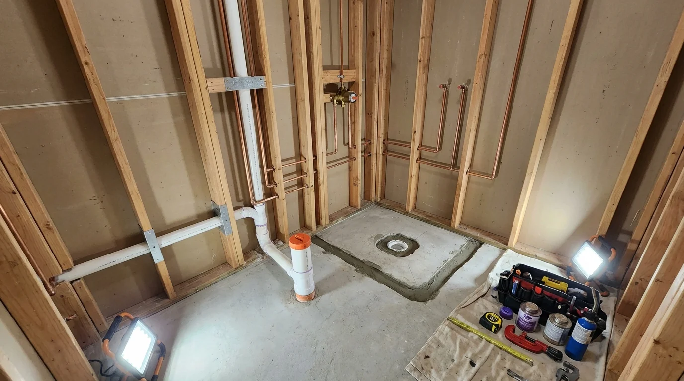 Bathroom rough-in plumbing during remodel by Johns Plumbing LLC in Stevensville