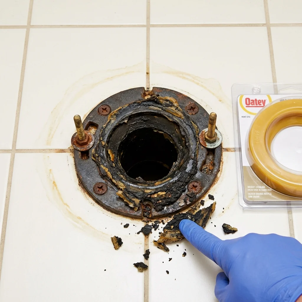 Failed wax ring showing water seepage at the base of a toilet in a Stevensville, MI home