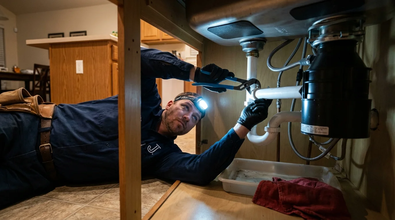 P-trap and supply line connections under a kitchen sink showing a common leak point in Stevensville, MI